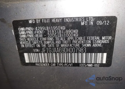 2013 Subaru Impreza 2.0I из США, поврежденный, VIN JF1GJAA69DH007983